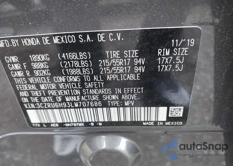 2020 Honda Hr-V Awd Touring from USA, damaged, VIN 3CZRU6H93LM707686